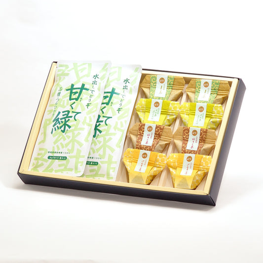 【夏のお茶】水出し煎茶ティーバッグ「甘くて緑」2本とお茶葛餅8個のセット