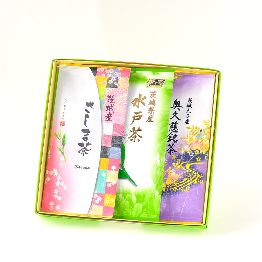 【茨城三大銘茶三本詰合せ】　「さしま茶・水戸茶・奥久慈茶」　2025年度新茶入荷